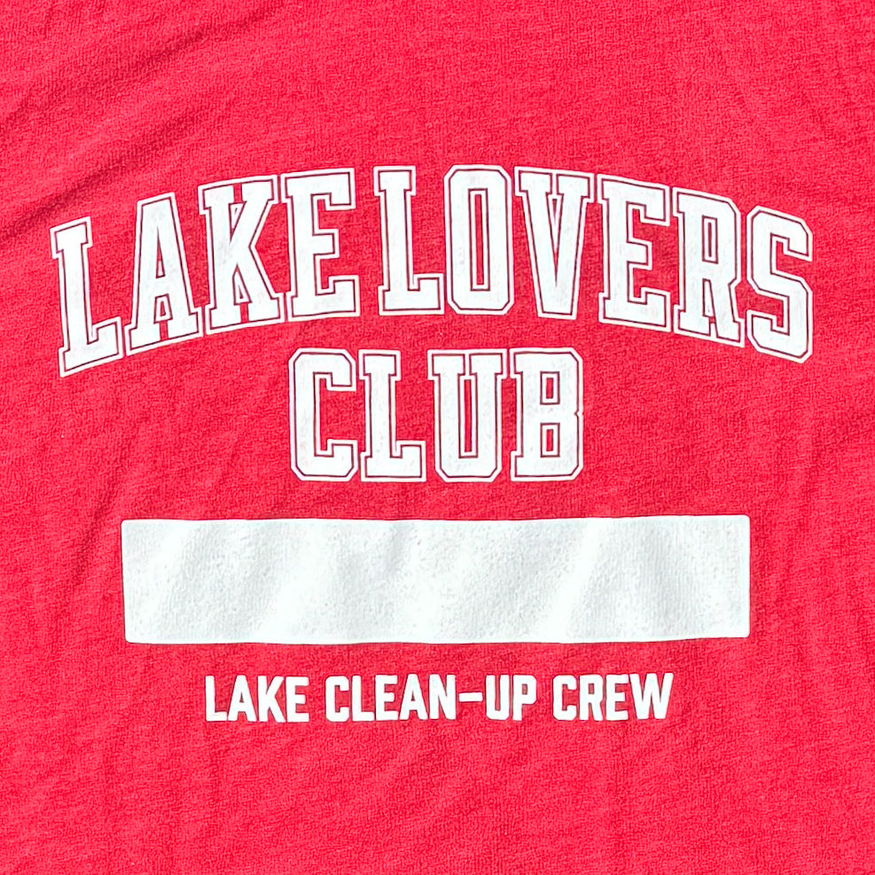 Red t-shirt with 'Lake Lovers Club' and 'Lake Clean-Up Crew' text on a red background