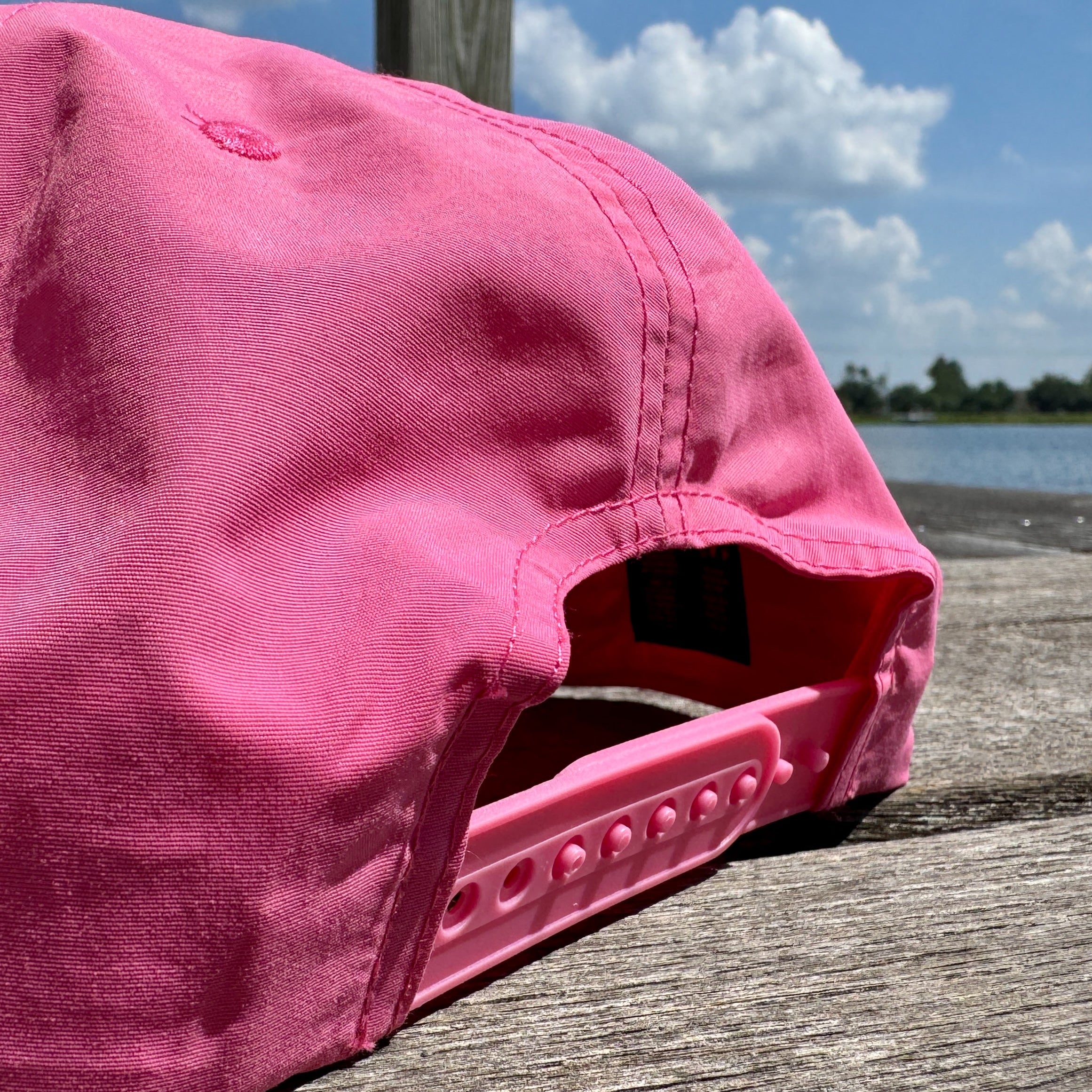 Pink cap on a wooden surface with a scenic background