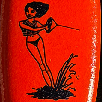 Illustration of a woman holding a ski rope in her hand, on an orange background