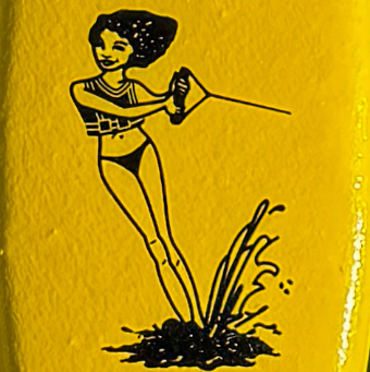 Illustration of a woman in a bikini with a ski rope in her hand, on a yellow background